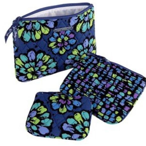 Vera Bradley Handbags - Vera Bradley Indigo Pop Quilted 3 Piece Cosmetic Pouch Set Retired Pattern